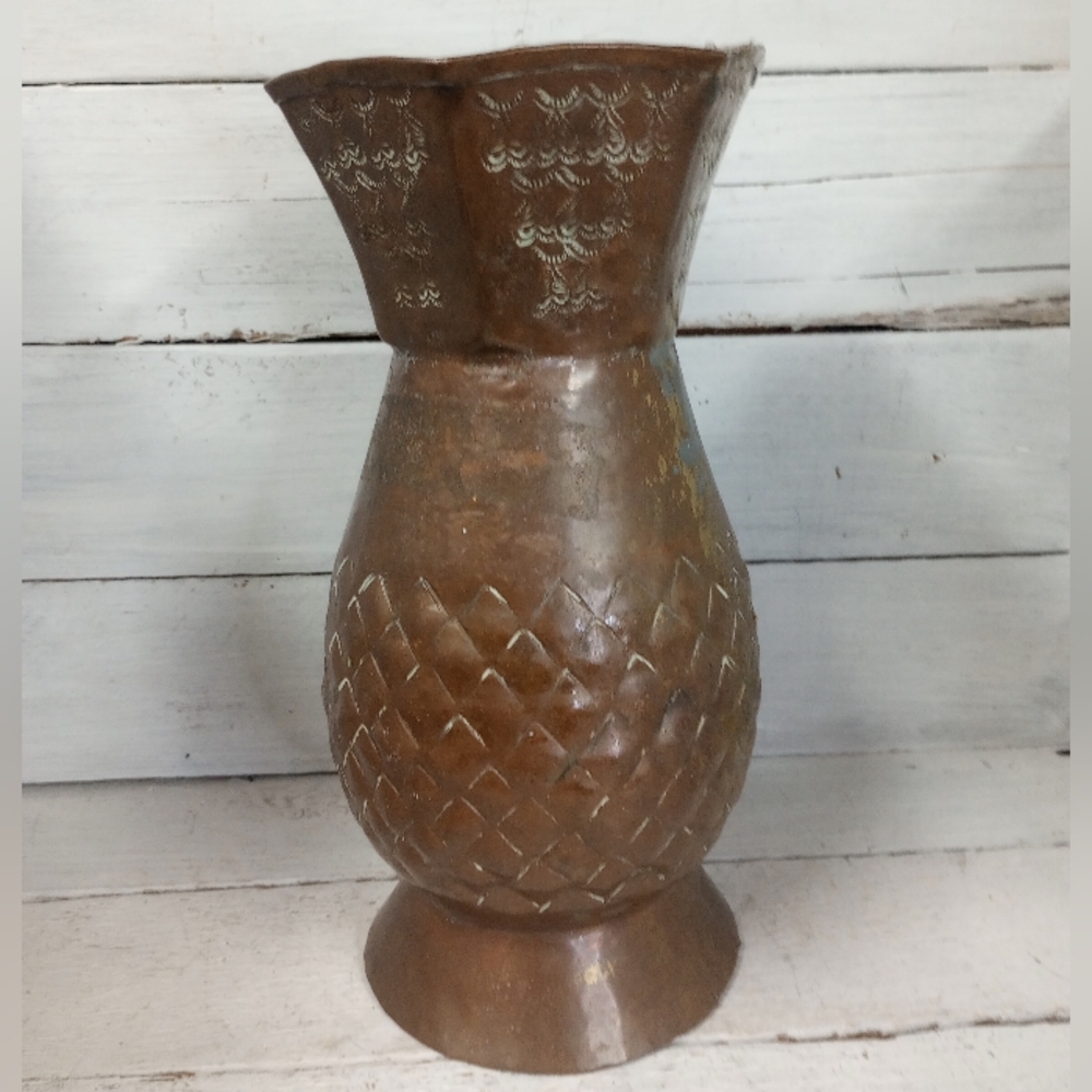 Vintage Hand-Hammered Brass Tone Metal Vase Pineapple Pattern Etched Design Boho